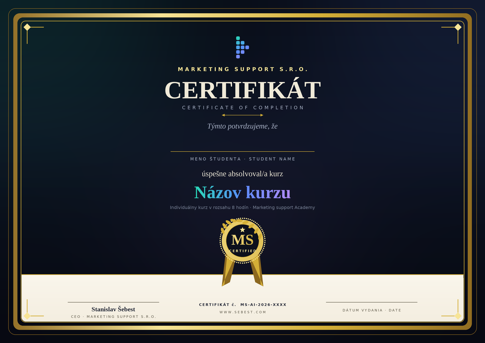 Náhľad certifikátu Marketing support s.r.o.
